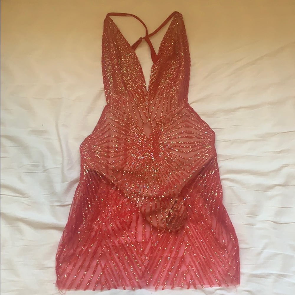 Red Sequin Bodysuit Mini Dress